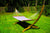 Wooden hammock stand set up in the sun in the backyard of a home