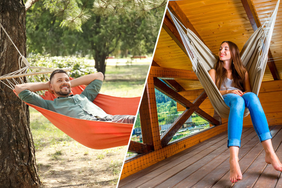 A man relaxing in a traditional hammock versus a woman relaxing in a hammock chair.