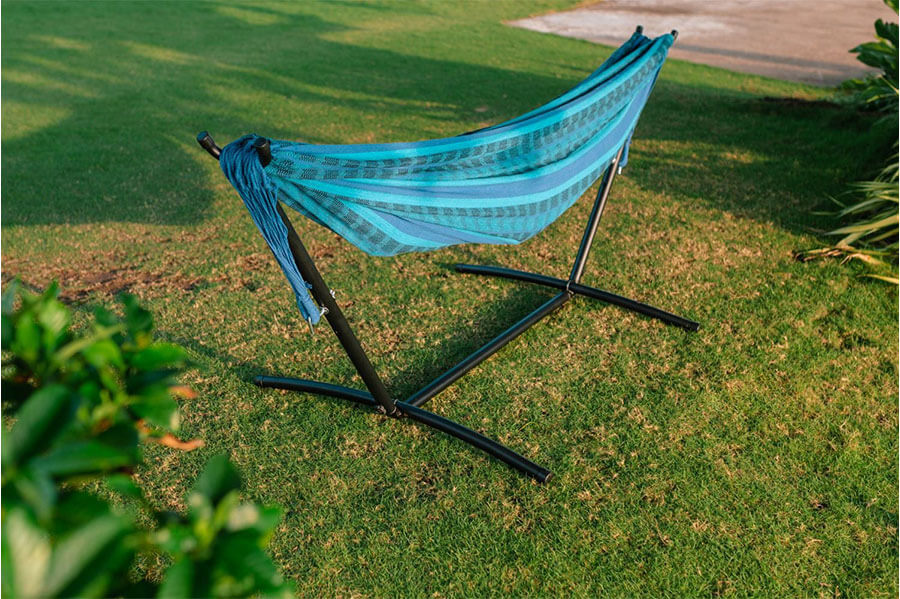 Premium Brazilian-style double hammock with a sturdy universal stand, designed for ultimate comfort and durability.